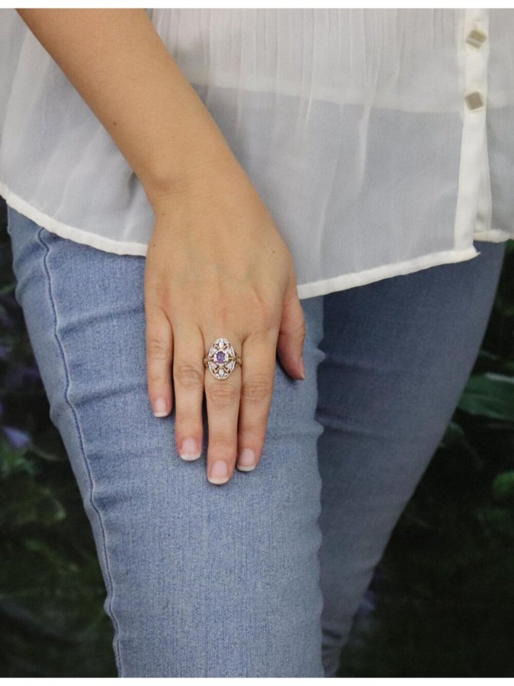 10k Yellow Gold & White Gold Natural Amethyst Ring Filigree Flower Size 7 - Picture 3 of 7